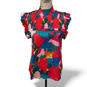 THML Abstract Floral Ruffle Smocked Top Bright Multicolor High Neck Blouse Small